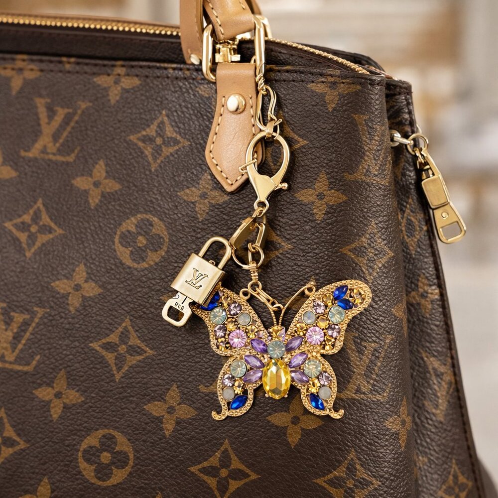 Authentic Louis Vuitton Gold Padlock & Key with Unbranded Butterfly Keychain